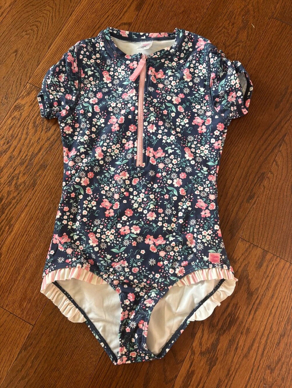 RuffleButts Floral Swimwear Top - Navy with Pink & Mint Flowers